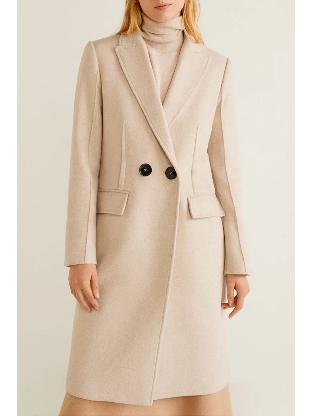 MANGO Neutral Beige Long Wool Coat Contrast Buttons Wool Trench Coat Sz XS